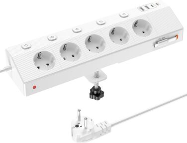 Мережевий адаптер PASSUS 5-fach з 2 USB-C (PD 30W), захист від перенапруги, індивідуальне вмикання, 10-в-1, кабель 2м, чорний