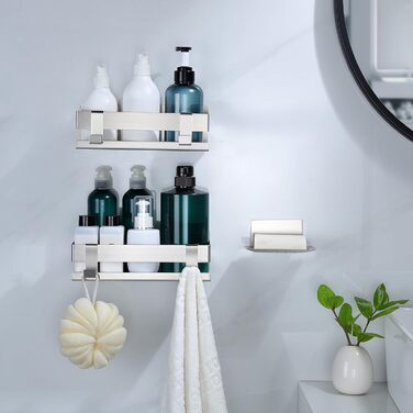 Поличка для душу YIGII без свердління, 3 шт. з нержавіючої сталі, органайзер для ванної кімнати, велика місткість, самоклеюча, з мильницею та 4 гачками, тримач для шампуню, сріблястий – 2 шт.