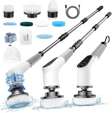 Electric Cleaning Brush, 8 in 1 Electric Cleaning Brush with Interchangeable Drill Brush Heads, Mop Set, Electric Scrub Brush with Adjustable Handle for Bathroom, Kitchen, Car, Floor