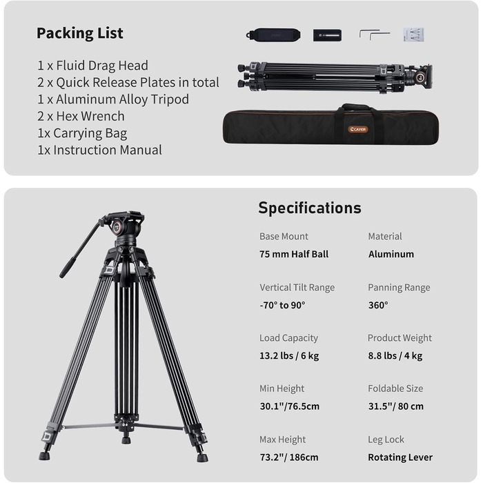 Штатив відео Cayer BF30L з пливним кріпленням, 73' (22м) – міцний штатив для DSLR, відеокамер, камер (13.2 кг)