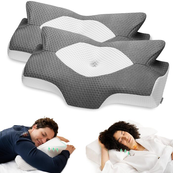 Подушка ортопедична Elviros з піни Memory Foam для сну на боку, 64х38 см, сіра - комплект 2 шт.