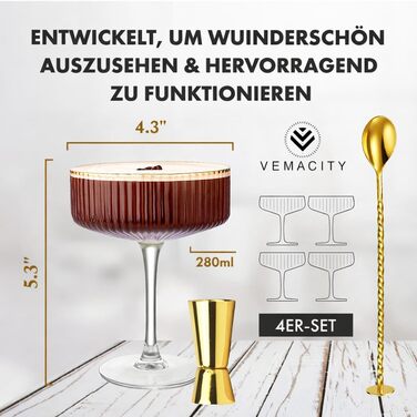 Набір з 4 елегантних келихів для Еспресо Мартіні Vemacity | Ручна робота | Келихи для шампанського, Маргарити та коктейлів | Преміум якість