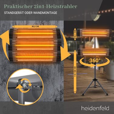 Інфрачервовий обігрівач Heidenfeld IH100 | 3 роки гарантії, 2500 Вт, з пульт, штатив, захисний чохол, для тераси, інфрачервоний, обігрівач для тераси