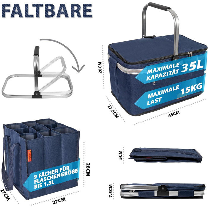 Foldable Shopping Basket 35L + Bottle Bag with 9 Compartments for Bottles up to 1.5L | Set of Large Insulated & Waterproof Cooler Bag + Bottle Basket: Lunch Bag, Bottle Carrier, Thermos Bag, Bottle Bag