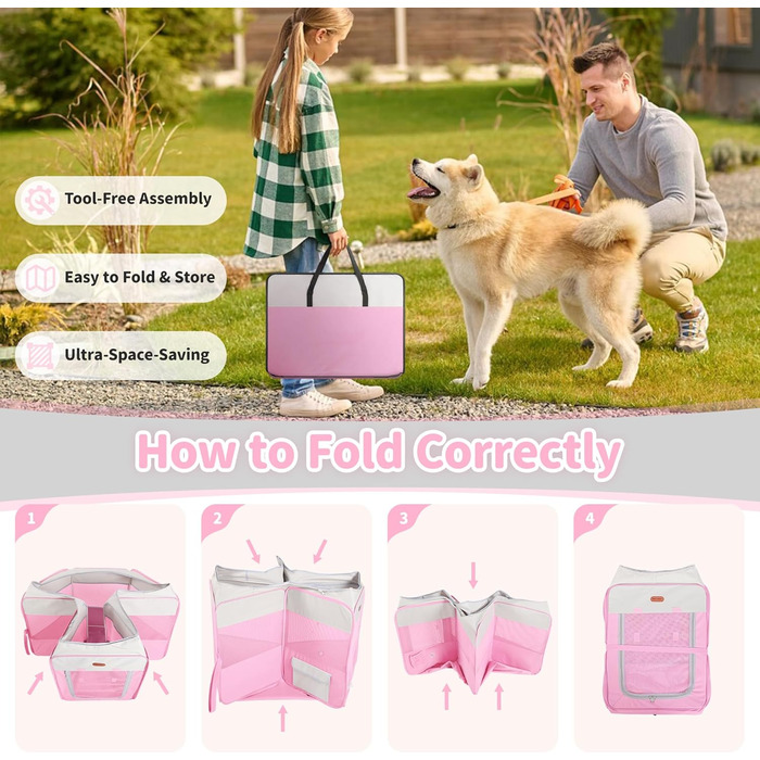 Клітка для собак та котів, переносний вольєр, складаний дорожній вольєр, вольєр для цуценят, вольєр для маленьких котів, рожевий колір, розмір M
