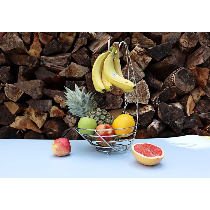 Металева фруктова корзина з кріпленням для бананів. 41 см, полиця для фруктів з дроту, підвісна стійка для бананів – хром (Ex-fb017)