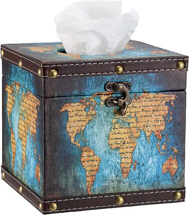BTSKY Square Wooden + PU Tissue Box Holder, Retro Style, for Home, Office, Cube, Cover, Napkin Holder, Elegant and Stylish Home Decoration (Blue Card)