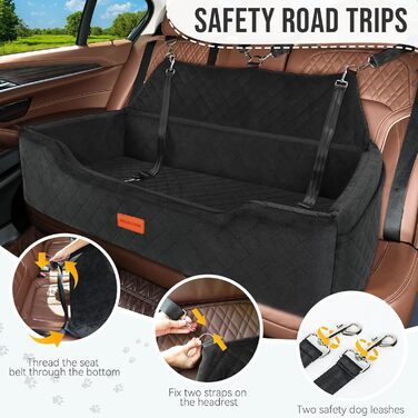 Автокрісло для собак великих порід до 45 кг, чорне, з двома страхувальними ременями, миється