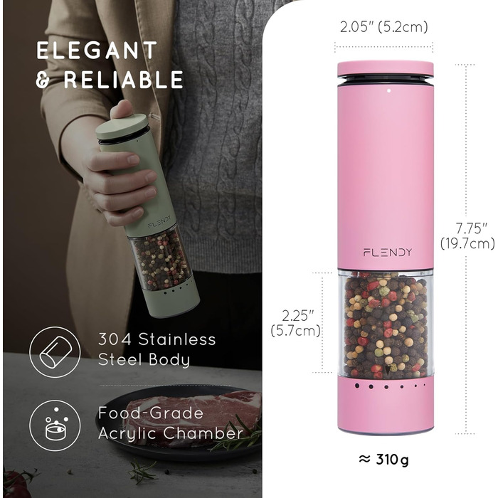 Електричні соляна та перечна млини 2 в 1 з LED-підсвічуванням та USB-C зарядкою, з нержавіючої сталі