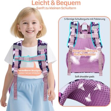 Дитячий рюкзак Bagseri Kinderrucksack для дівчаток 15L, легкий рюкзак для школи та 1-2 класу, з нагрудним ременем та ізотермічним відділенням, сумісний з DIN A4, з світловідбиваючими елементами, Deep Purple Einhorn