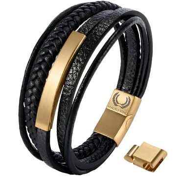 Браслет шкіряний чоловічий Lederarmband з магнітним застібком, регульований (21.5-23 см, золото)