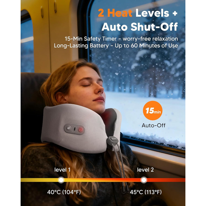 Подушка для шиї Arboleaf з підігрівом для подорожей: Memory Foam, USB-C зарядка, ергономіка 360°, проти болю в шиї, сіра