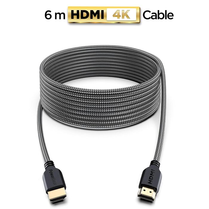 Кабель HDMI PowerBear 6 м | Висока швидкість, нейлонова обплітання, золоті конектори, 4K, 60Hz, ARC, CL3, для ноутбука, монітора, PS5, PS4, Xbox One, Fire TV, Apple TV