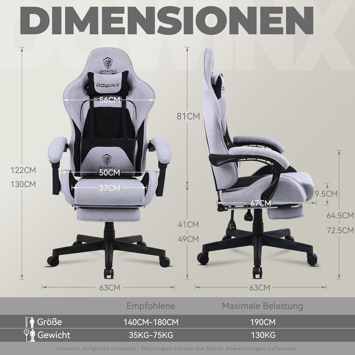 Ігровий крісло Dowinx з підголівником та підставкою для ніг, тканинне, з масажем, чорно-сірий, ергономічне, для офісу та геймінгу