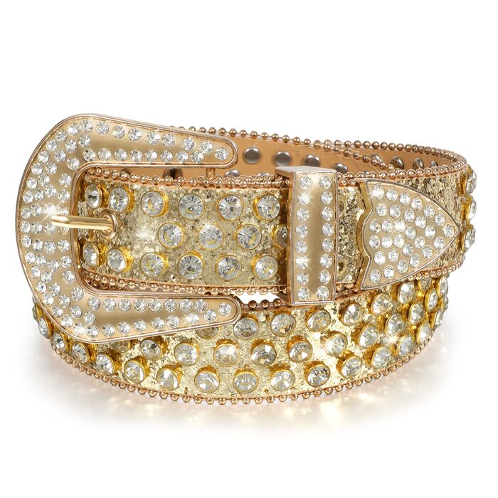 LEACOOLKEY Ремінь зі стразами для чоловіків та жінок, блискучий вестерн кантрі ковбойський ремінь з пряжкою золотого кольору, для джинсів, штанів, суконь. Розмір S: 73-82 см (загальна довжина 105 см)