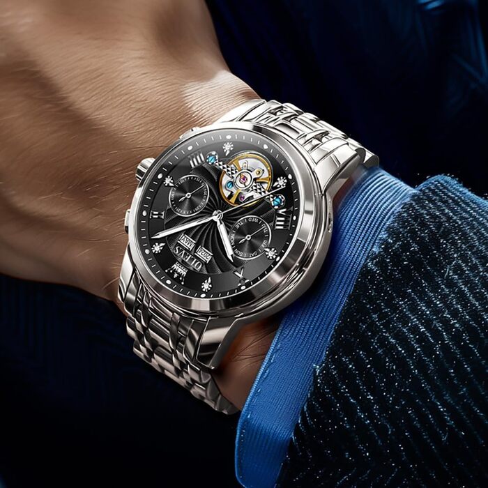 Чоловічий механічний годинник OLEVS з автопідзаводом, турбійоном та календарем, водонепроникний, сріблясто-чорний (7088)