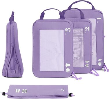 Набір органайзерів для валізи ECOHUB (5 шт.) - компресійні куби для подорожей, рюкзаки, валіза, органайзер для одягу (темно-зелений, світло-фіолетовий)