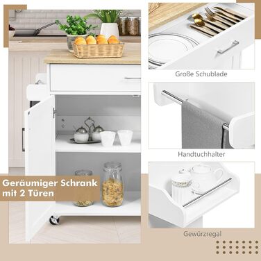 Кухонний візок Giantex на колесах з робочою поверхнею, білий, 116 x 40 x 85 см