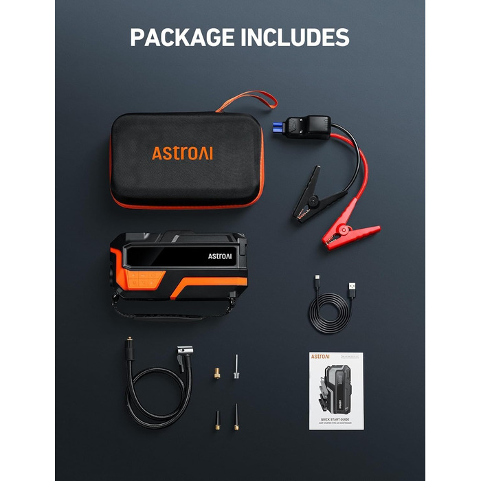 Powerbank AstroAI MF16 6000A з компресором 150PSI: старт для авто, мото, SUV (12V, 10L бензин/8L дизель), LED-дисплей, оранжевий