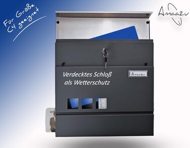 Поштовий ящик антрацит з нержавіючої сталі, з вікном та табличкою для імені, відділення для газет, замок з 2 ключами, настінний поштовий ящик RAL 7016, великий розмір
