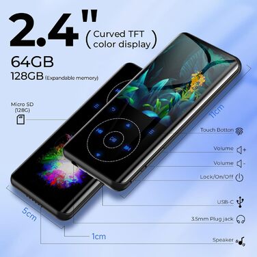 MP3 плеєр 64GB Bluetooth 5.3 HiFi без втрат, металевий корпус, вбудований динамік HD, сенсорне управління, диктофон для спорту (Чорний)