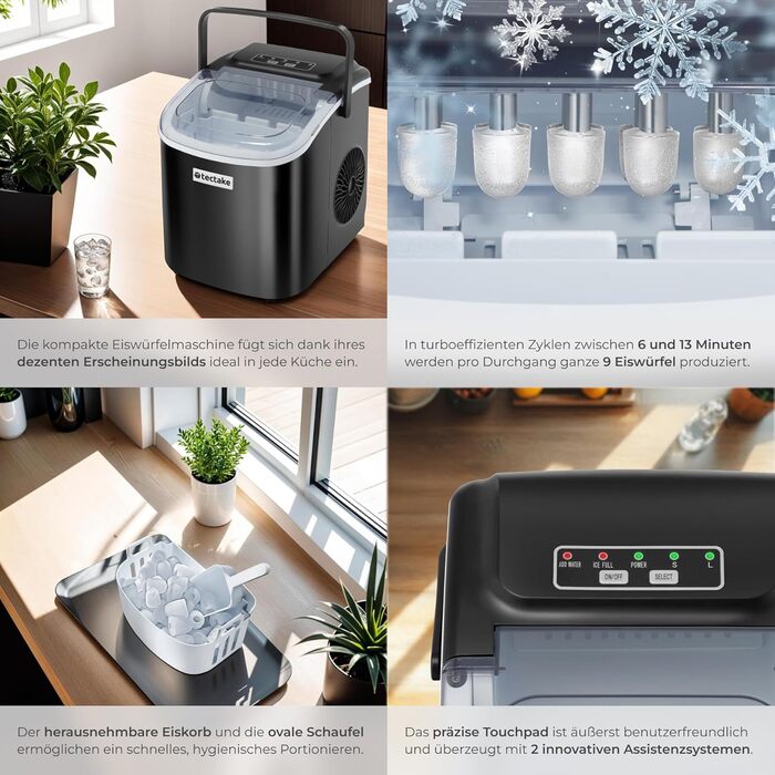 Машина для приготування льоду tectake® - швидке та зручне приготування льоду для дому та бару, чорний колір, 1,2 л, 12 кг/24 год, 2 розміри кубиків льоду, самоочищення, з лопаткою