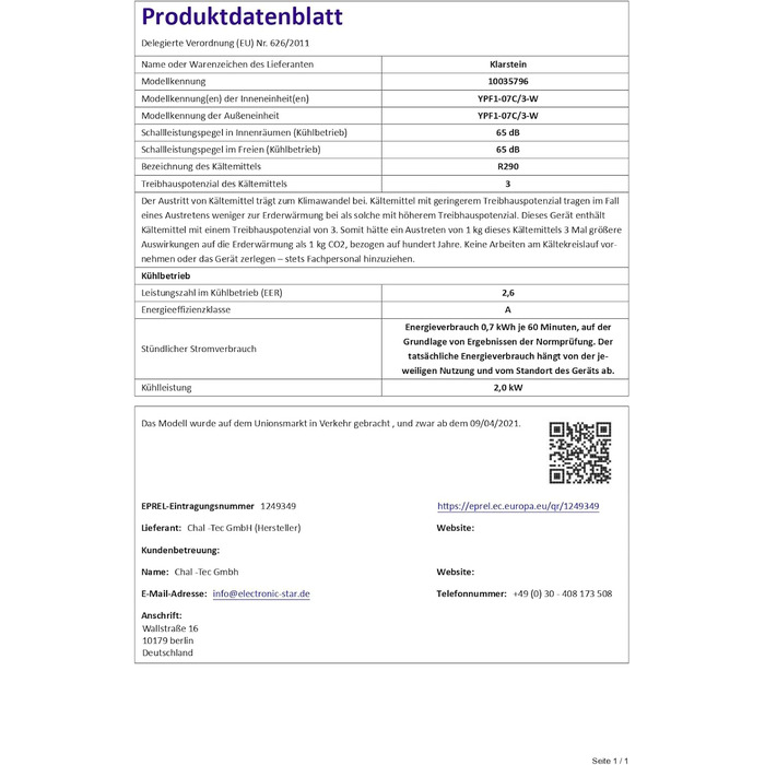 Мобільний кондиціонер Klarstein з випускним шлангом, 4-в-1: кондиціонер, вентилятор, осушувач повітря та нічний режим. Компактний та портативний для дому та офісу. Низьке енергоспоживання, 7000 BTU, білий