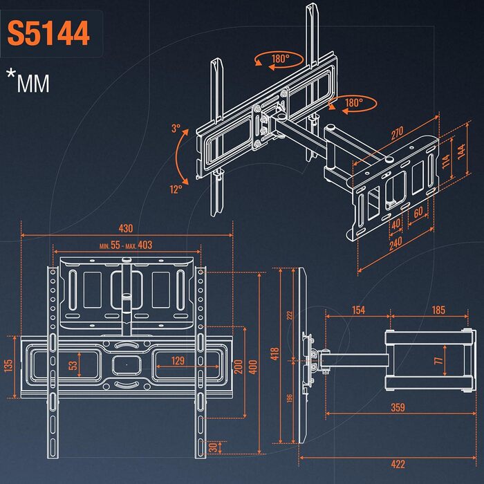 Кріплення для телевізора RICOO S5144: поворотне, нахильне, універсальне для телевізорів 30-55 дюймів (до 50 кг, VESA 400x400 мм)