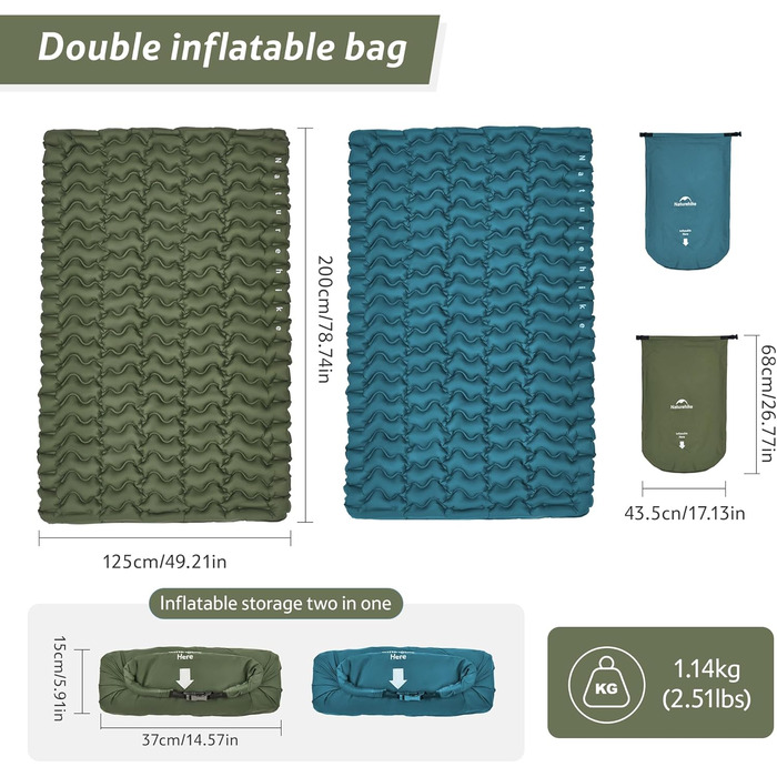 Килимок для кемпінгу Naturehike, Ultraleichte, Надувний, з інтегрованим насосом, для велосипедних походів та наметів, односпальний (з надувним мішком для зберігання, двоспальний)