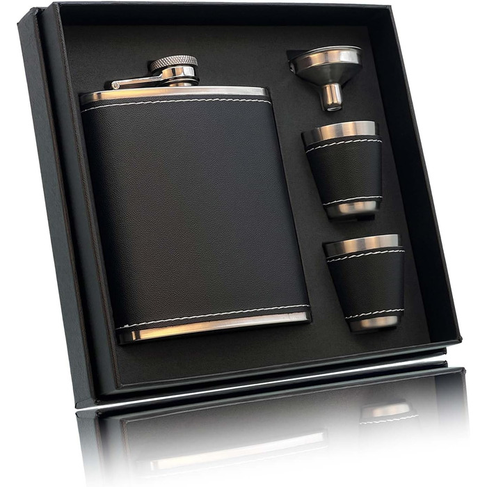 Фляга для алкоголю та віскі RUIXUE® 7oz / 200мл, чорна, з нержавіючої сталі, з 2 склянками та воронкою, для пікніків та кемпінгу