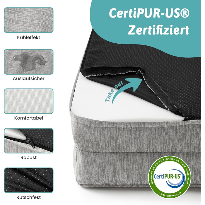 Ортопедичне ліжко для собак середнього розміру COZY KISS з знімним, пральним чохлом. Підтримує хребет, водонепроникні бортики та протиковзна основа. Розмір: 91x69x16 см, колір: сріблясто-сірий