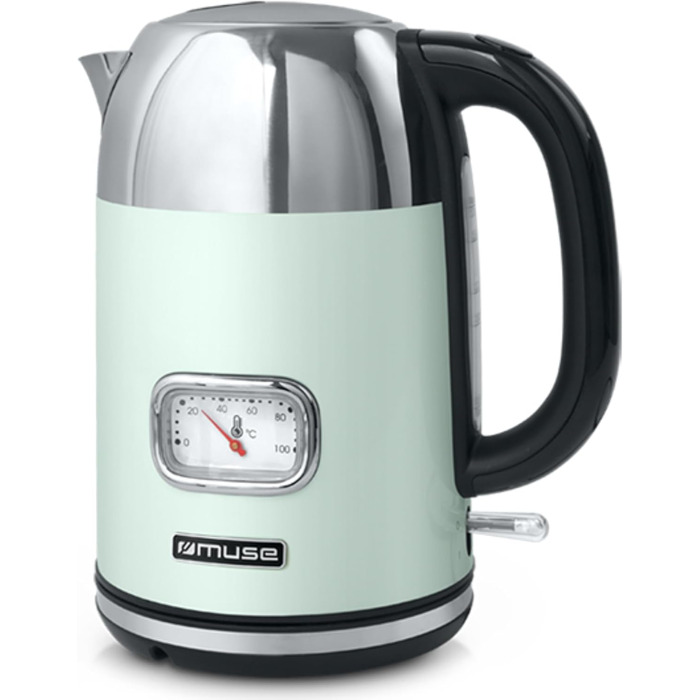 Електричний чайник з нержавіючої сталі MUSE Retro з аналоговим термометром, фільтром, прозорою шкалою, об'ємом 1,7 л, автоматичним вимкненням, матовий золотий (MS-030 BC) (Пастельно-зелений)