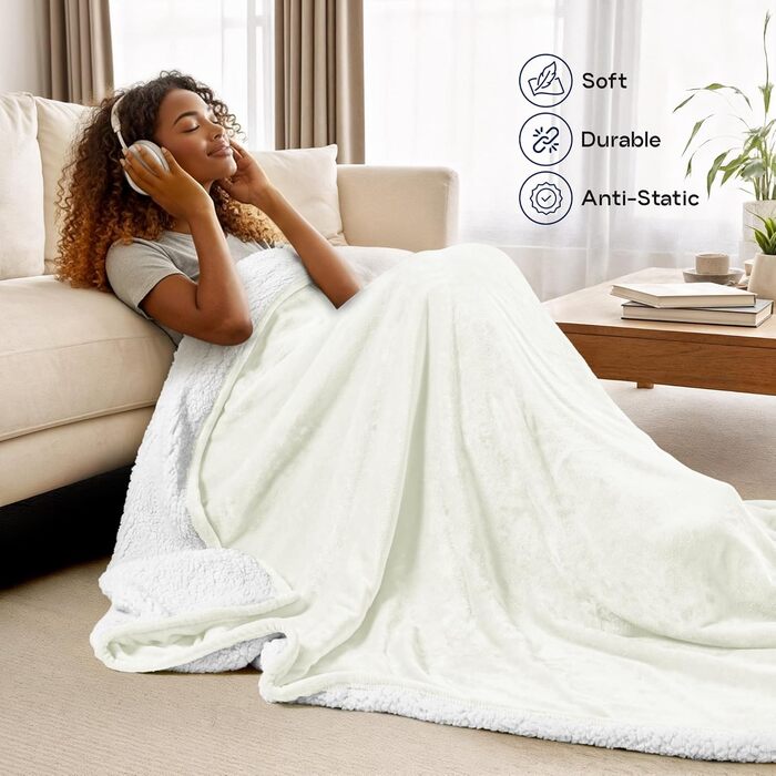 Плед Utopia Bedding з штучного хутра Sherpa, 200 x 150 см - теплий, двосторонній, для ліжка, дивана, кемпінгу та подорожей (228x228 см, слонова кістка)