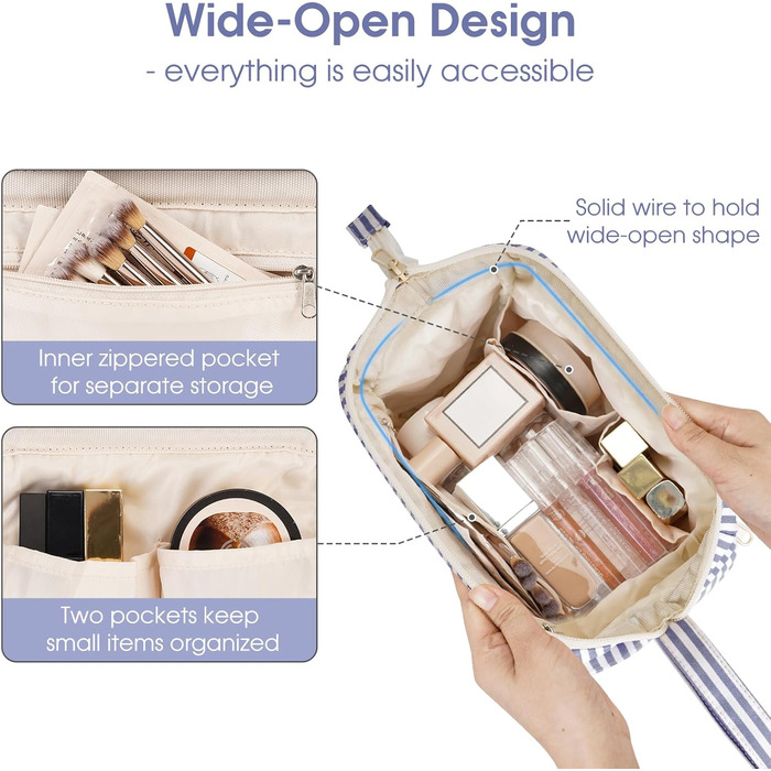 Косметичка жіноча Narwey для подорожей: велика, з широким відкриванням (сіро-блакитна смугаста)