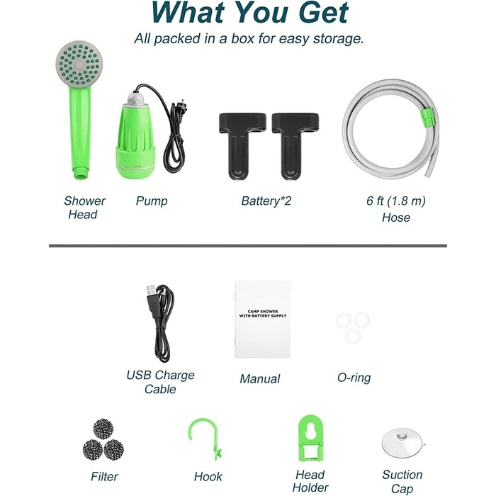 LIBERRWAY Camping Shower with Pump, Camping Shower Set with Rechargeable Battery, 2m Shower Hose Outdoor Shower for Garden Beach Camping Travel Car Washing, Mobile Shower Black (Green-2 Batteries)