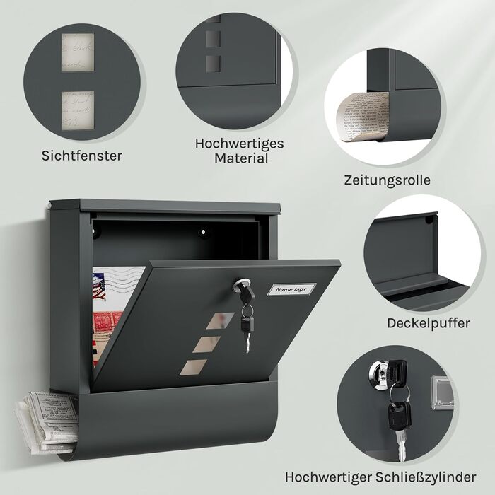 Поштовий ящик WOLTU з газетницею та вікном, замок, табличка для імені, вуличний, антрацит 37x37x10.5 см