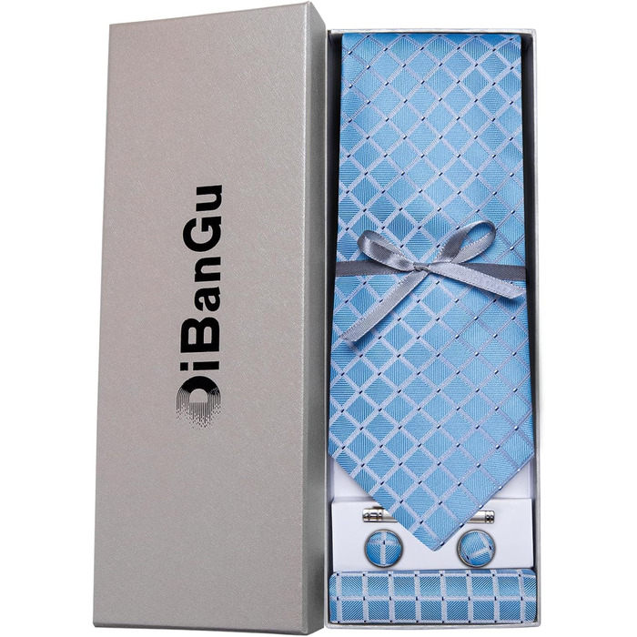 DiBanGu Комплект краватки з нагрудною хустиною, краватка-снуд, краватка, запонки, затискач для краватки, чоловічий, однотонна шовкова тканина, смужки, клітинка, блакитно-зелений (блакитний клітинний візерунок), формальний, для весілля, діловий