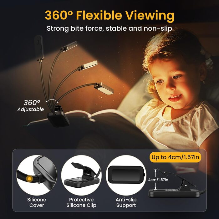 LED лампа для читання з кліпсою, захист очей, 6 LED, 3 режими яскравості (теплий/холодний/білий), USB перезарядна, 360° регульована, для читання, ліжка, офісу, подорожей, чорна