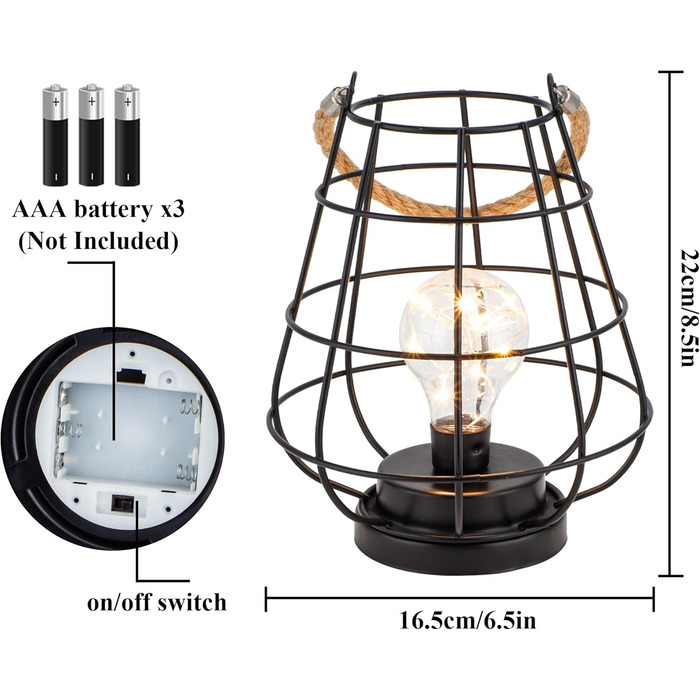 JHY DESIGN Набір з 2 декоративних настільних ламп-ліхтариків у стилі ретро, 22 см, на батарейках, LED Едісон, чорний колір