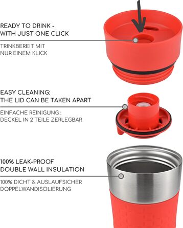 Термокружка Milu 450 мл з нержавіючої сталі, ізольована, для кави з собою, без витоку, автокружка з подвійними стінками, червона