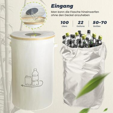 Laundry basket with 2 compartments, deposit bottle collection container with lid, container for deposit bottles & glass recycling & paper waste, deposit bottle container bamboo with bag, must have (Beige-d, 100L)