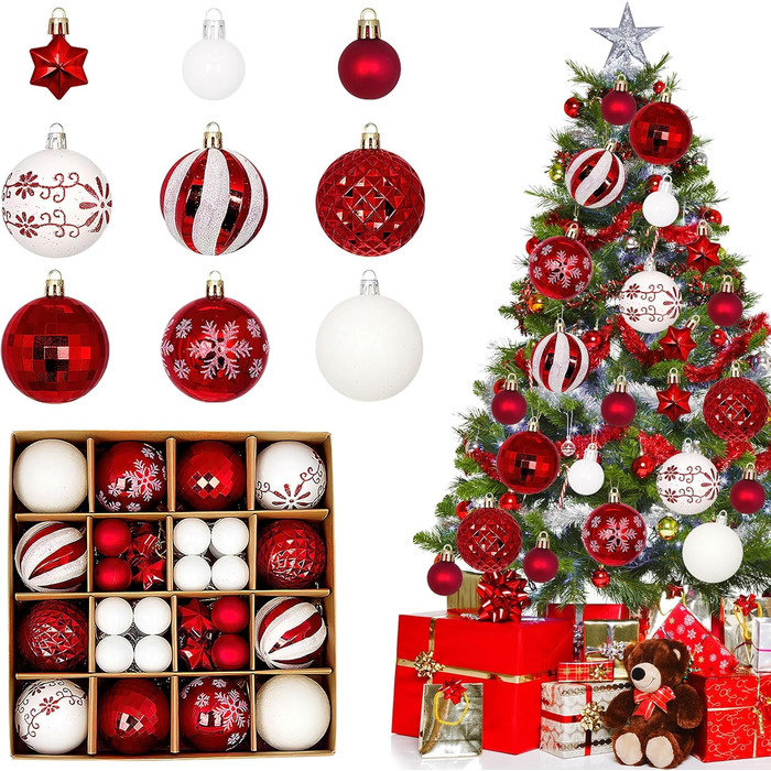44 штуки новорічних кулі пластикові, набір прикрас для ялинки, персоналізовані кулі для ялинки білі та червоні, новорічний декор для ялинки, зовнішній та внутрішній декор білий та червоний