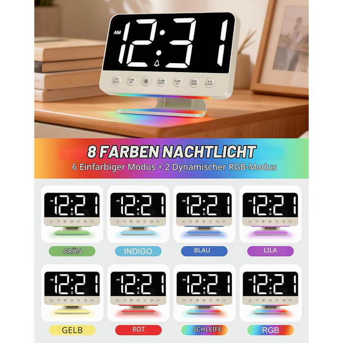 Цифровий будильник LED з RGB-підсвіткою та USB-портом, гучний сигнал 30-110 дБ для міцного сну, настільний годинник з функцією Snooze (Бежевий)