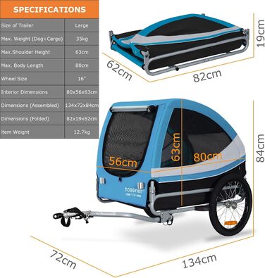 DOGGYHUT® Tobi - великий велопричіп для собак, 35 кг, блакитний