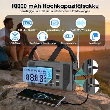 Сонячне радіо з ручним заводом 10000mAh Notfall: AM/FM, ліхтарик, SOS-сигнал, Power Bank, зарядка від сонця/USB/ручки, для кемпінгу, походу, надзвичайних ситуацій, сірий