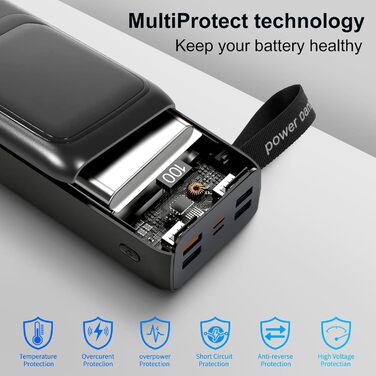 Power Bank 60000mAh 22.5W з LED-ліхтариком та вбудованим кабелем. Швидка зарядка USB-C, сумісний з iPhone, iPad, планшетами. Чорний