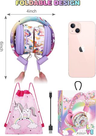 Дитячі навушники JYPS для школи та планшета (3-10 років), бездротові, з мікрофоном, фіолетові