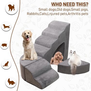 Сходинки для собак LitaiL з 6 сходинок, сірі, для високих ліжок, 63.5–76.2 см, підходять для собак середніх та маленьких порід