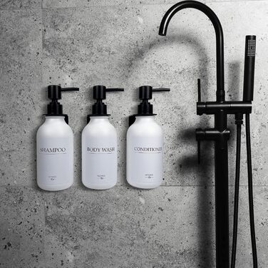 Набір диспенсерів для мила, шампуню та гелю для миття: 3 шт., 500 мл, без свердління, настінний монтаж, етикетки в комплекті, янтарний колір (чорна пляшка + біла помпа)