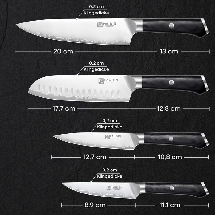 Набір кухонних ножів PAUDIN 4 шт: кухонний ніж, саторі, універсальний ніж, ніж для овочів. Професійний, гострий, з нержавіючої сталі 10Cr15CoMoV (твердість 62 HRC), з ергономічною дерев'яною ручкою